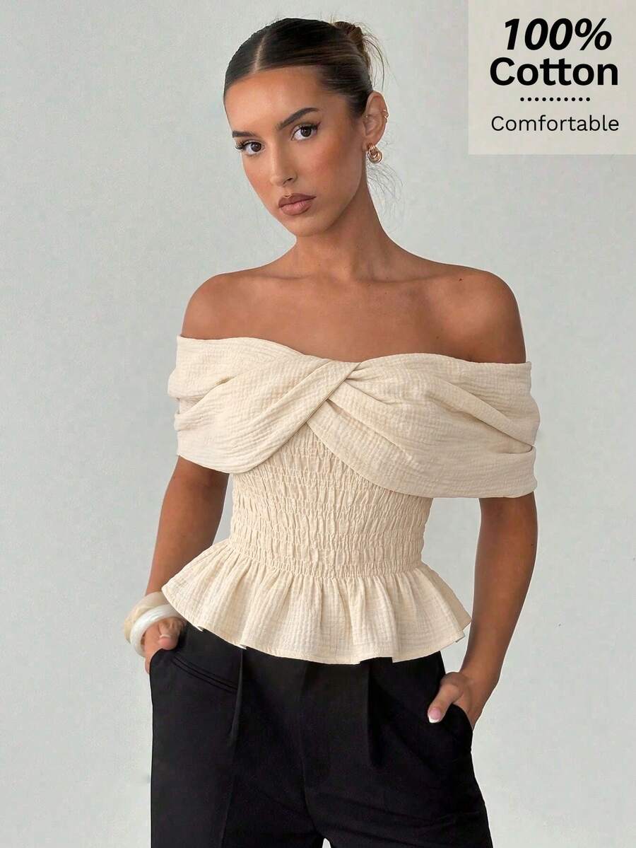 Siren Gaze Women's Linen Off-Shoulder Fitted Blouse, Off-Shoulder Shawl Style Top With Ruched Chest And Flounce Hem, Casual Vacation And Outing Cotton Shirt