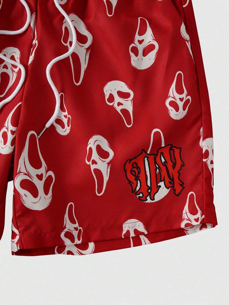 ROMWE MEN Men's Ghost Face Print Drawstring Waist Casual Beach Shorts - Red - View 3