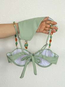 Swim Chiccia 2026 New Women's Summer Beach Vacation Elegant Beaded Decor Pleated Underwire  Sage Green Backless Bikini Swimsuit Set - Green - View 2