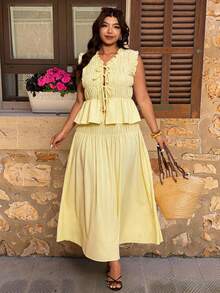 Elaquor Plus Size Women 2-Piece Set: Solid Color Ruched Front Tie Sleeveless Blouse And Mini Skirt Casual Boho Light Yellow Two Pieces Set Elegant Vacation - Light Yellow - View 6