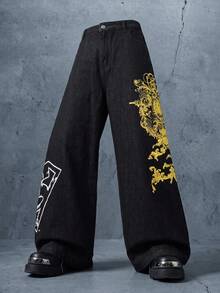 SUPERMAN X SHEIN Men's Vintage Print Casual Loose Fit Jeans - Black - View 3