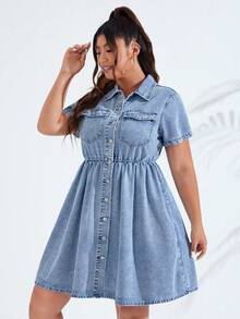 SHEIN ICON 大尺碼夏季休閒前開扣牛仔洋裝 - 淺色水洗藍 - 查看 3
