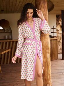 SHEIN 波希米亞風休閒度假女款浪漫花卉拼色條紋長款睡袍 - 彩色 - 查看 1