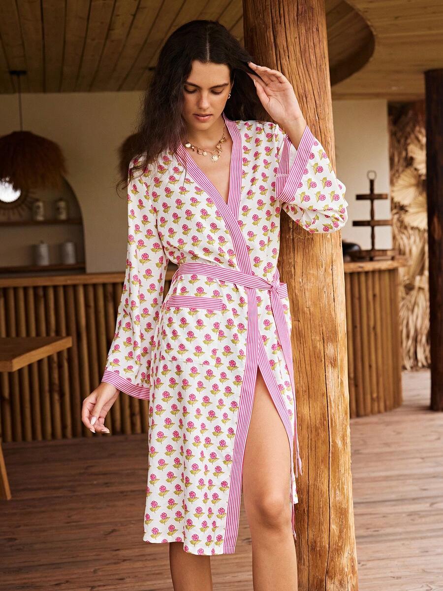 SHEIN 波希米亞風休閒度假女款浪漫花卉拼色條紋長款睡袍 - 彩色 - 查看 1