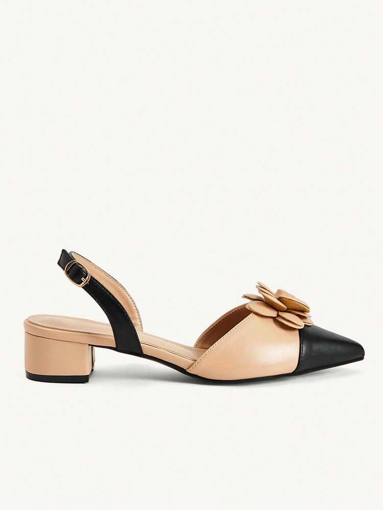 CUCCOO CHICEST Ladies Pointed Flowers, Contrasting Colors Everyday Versatile Fashion Thick Heel Short Heel