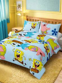 SpongeBob SquarePants | SHEIN 三件套海洋动物卡通印花被套，磨毛材质，柔软保暖，蓝色被套，双面图案，多种尺寸可选，适用于单人床/双人床/特大床，送礼佳品 - 藍白色 - 查看 5