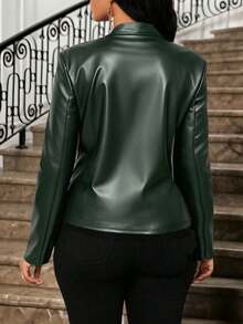SHEIN Lady Plus Size Women PU Material Long Sleeve Business Blazer - Green - View 3
