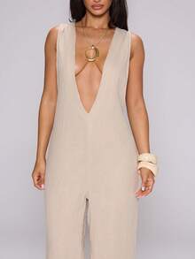 MUSERA Deep Plunge V Front Cutout Sides Loose Flowy Fit Wide Straight Leg Jumpsuit Summer Spring Holiday Vacation Beach Ibiza Evening Sexy Going Out Muse - Apricot - View 6