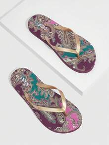 Grefit Woman Shoes Retro Paisley Pattern Toe Post Flip-Flops, Fashion Outdoor PVC Brown Flip Flops For Summer Vacation Beach Shoes - Brown - View 4