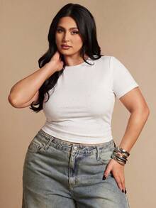 SHEIN BAE Plus Size Women's Sequin Embellished Short Sleeve Top, Spring/Summer - White - View 6