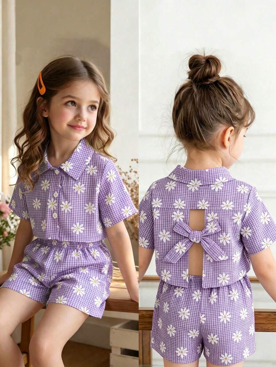 Elladie kids 2026年少女可愛夏季套裝，格紋印花雛菊上衣 + 短褲 2件組 - 紫色 - 查看 1