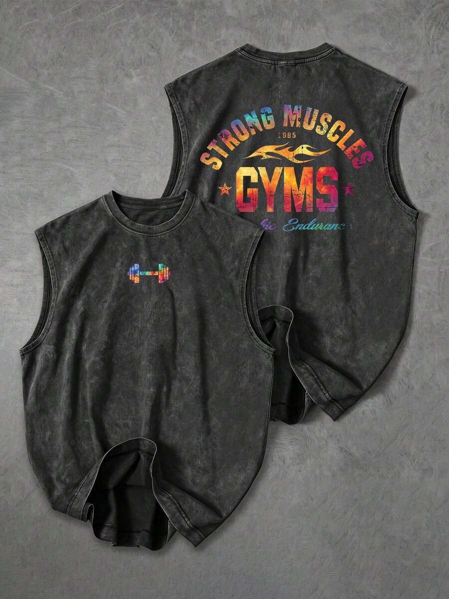 Gym Rark 男士字母印花圓領休閒日常運動背心，健身房適用 - 深灰色 - 查看 1