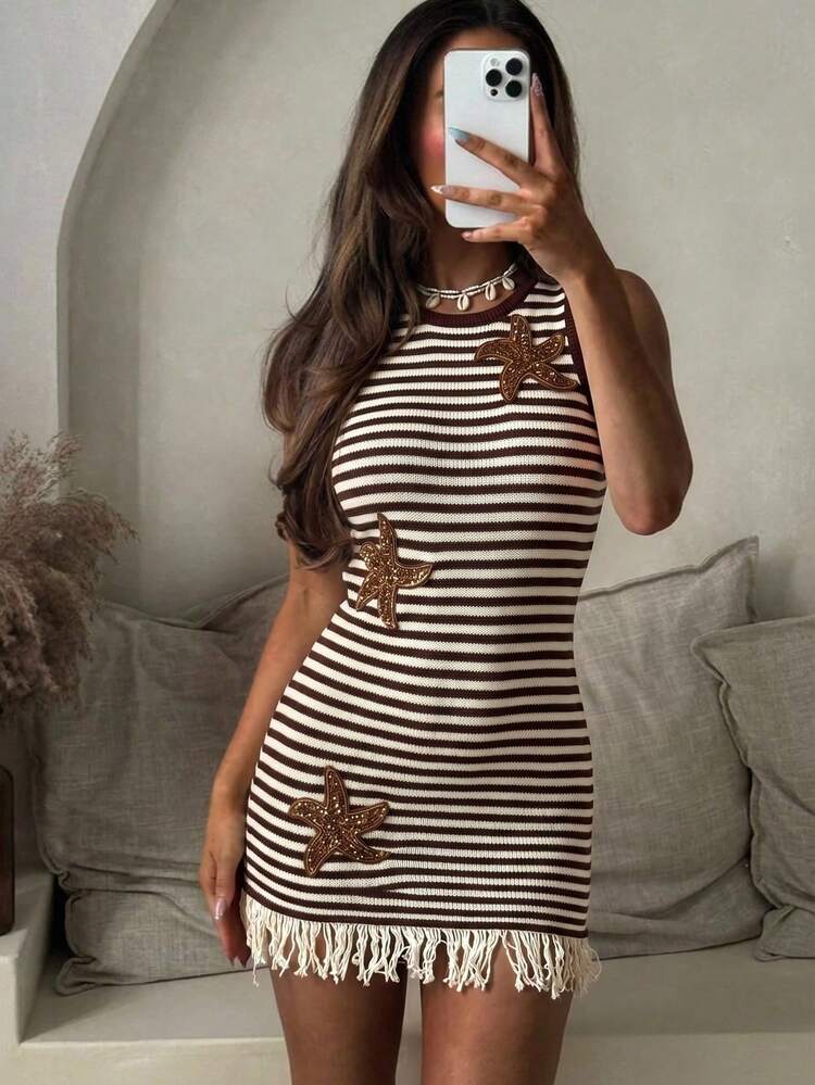 Serisse Váy mini nữ thời trang đi biển xuân/hè, dệt kim kẻ sọc, đính sao biển, sequin và tua rua - màu nâu - Xem 3
