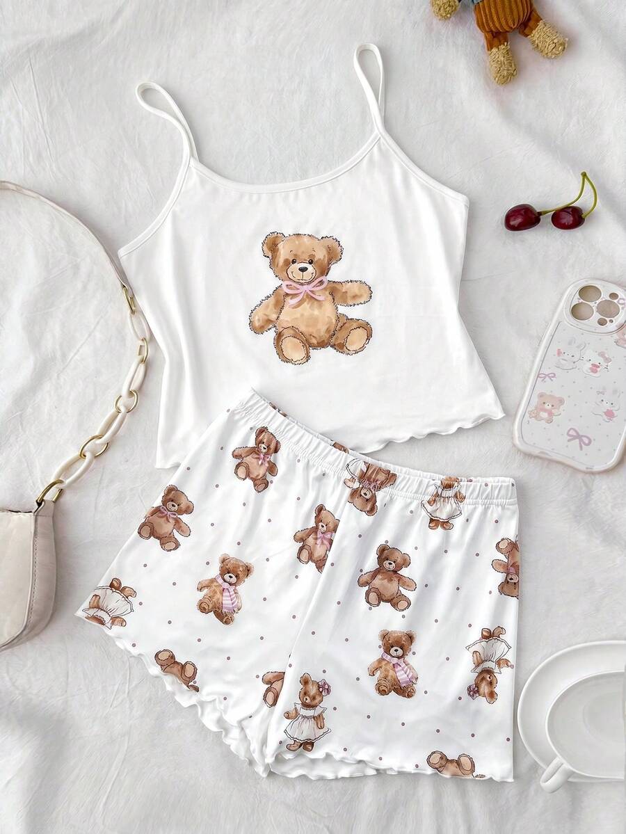 SHEIN 青少年女孩睡衣休閒簡約修身細肩帶上衣與短褲家居服適合夏季 - 白色 - 查看 1