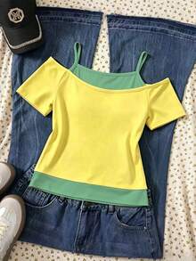 Spring Summer Autumn Tween Girls' Creative Personalized Brazil Five-Pointed Star Yellow Green Striped Yellow Base Side Double Green Strip Letter Slogan Pattern Casual Style 2 In 1 Off-Shoulder Camisole Short Sleeve T-Shirt Tops - Multicolor - View 2