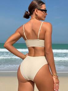Swim Vcay Fashionable Textured Fabric Beach Holiday Style Drawstring Tie Women's Summer Swimsuit Set 2 Pieces - Apricot - View 2