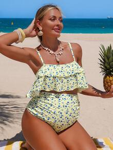 SHEIN 2026SS Spring/Summer New Yellow & Blue Ditsy Floral Comfortable Vacation Beach Maternity Swimwear Set - Multicolor - View 5