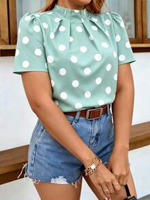 SHEIN Clasi 女款春夏波點印花抓皺領口短袖上衣 - 綠色 - 查看 5
