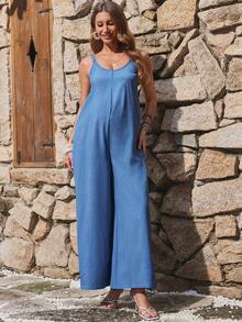 Boho Mama Maternity Vacation Solid Color Pocket Wide Leg Casual Spaghetti Strap Jumpsuit  Going Out BOHO - Blue - View 5