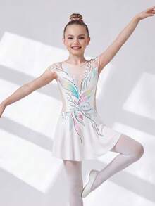 SHEIN Tween Girl Floral Print Cap Sleeve Ruffle Jumpsuit, It Is Suitable For Figure Skating, Gymnastics Performances, Comfortable Stretch. - White - View 7