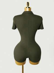 Mistrie Women's Fashion Ribbed Button Short Sleeve Fitted Romper - Army Green - View 2