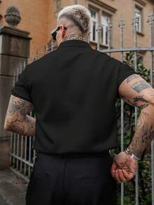 Artur Kramer 男士纯色前扣短袖休闲 Polo 衫，简约日常穿着，适合打高尔夫 - 黑色 - 查看 5