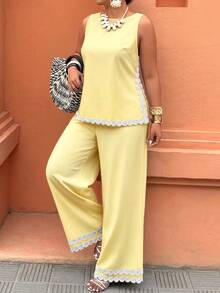 Weeklong Plus Size Women's Spring/Summer Sleeveless Long Pants Set With Contrast Trim And Side Slit, Casual Vacation Outfit, Fashionable Streetwear - Yellow - View 1