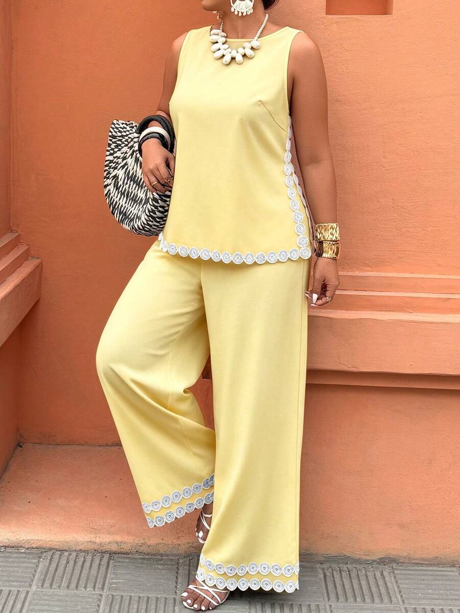 Weeklong Plus Size Women's Spring/Summer Sleeveless Long Pants Set With Contrast Trim And Side Slit, Casual Vacation Outfit, Fashionable Streetwear - Yellow - View 1