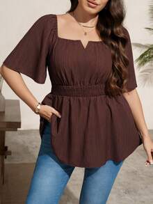 SHEIN LUNE Off-Shoulder Square Neck 2-Way Wear Flowy Hem Plus Size Blouse - Brown - View 5