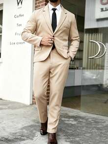 Manfinity Mode Men's Plus Size Solid Color Lapel Collar Long Sleeve Blazer And Pants Suit Set, Formal - Khaki - View 3