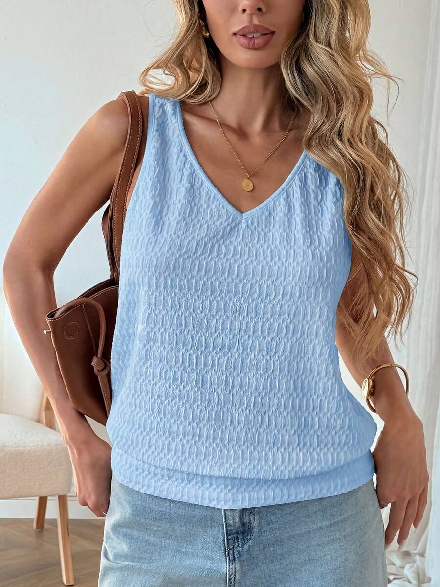 SHEIN LUNE 女款休閒素色紋理春夏日常基本款無袖背心上衣 - 藍色 - 查看 1