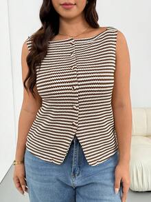 Shapeblank Plus Size Women's Spring/Summer Fashion Casual Loose Elastic Comfortable Daily All-Match Versatile Slimming White Striped Vest Top Outing Top - Brown - View 3