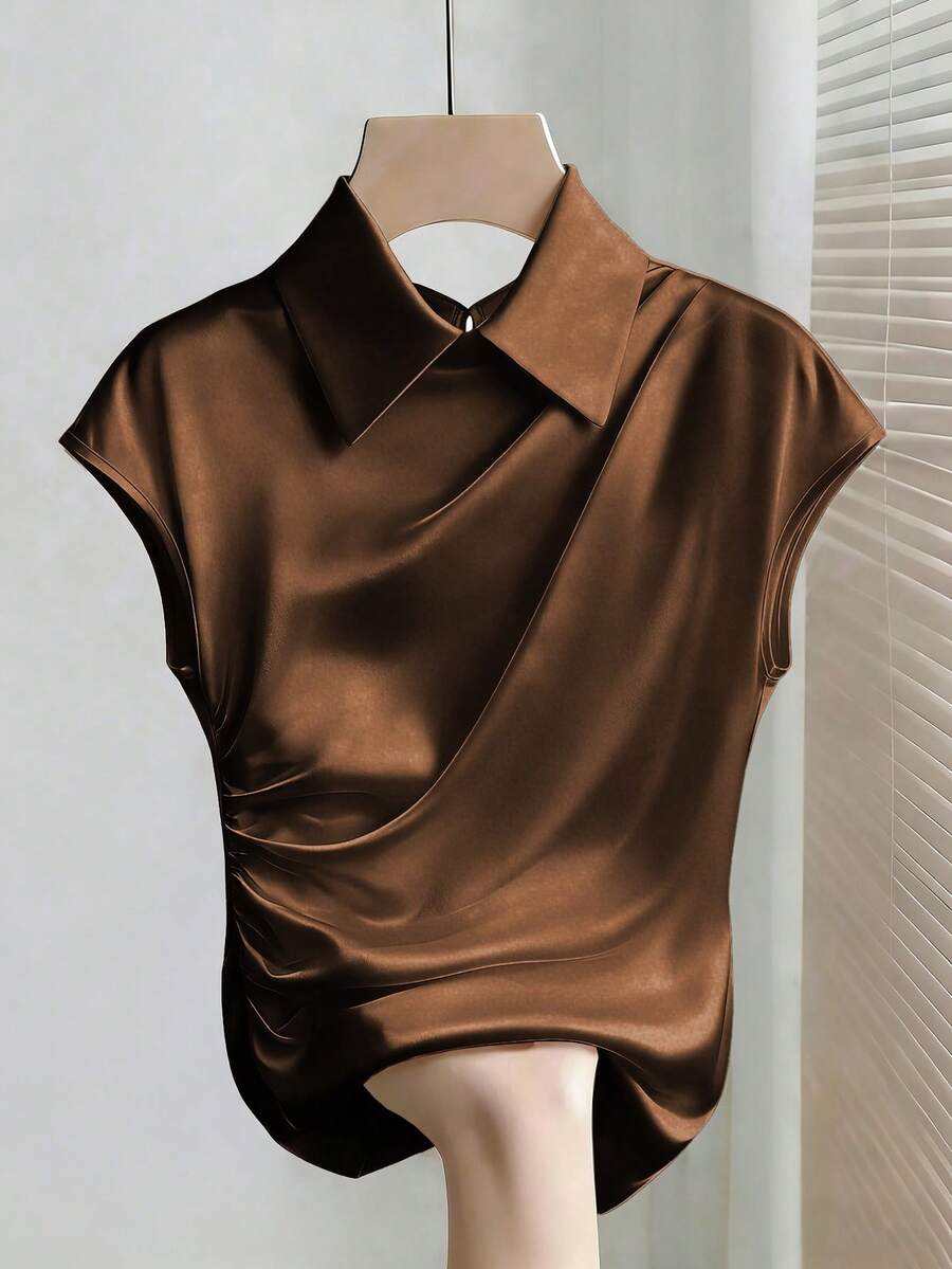 SHEIN Franclia 女款襯衫領收腰蝙蝠袖上衣 - 咖啡棕 - 查看 1