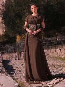 Aureia Elegant, , Fashionable Chiffon Fabric Rhinestone Decor Ruched A-Line Formal Party Dress, Suitable For Wedding Guest, Bachelorette Dinner - Brown - View 4