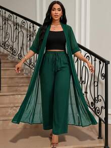 SHEIN Lady 女款素色半袖開襟外套與長褲休閒兩件套 - 墨綠色 - 查看 4