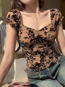 DAZY Women's Square Neck Ruched Floral Mesh Short Sleeve Top Summer Cute Tops Going Out Tops - Brown - View 7