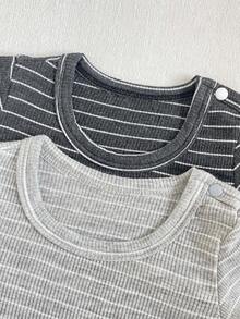 Infant Summer Striped Short Sleeve Snap-Button Jumpsuit, Minimalist Versatile Crawler Suit For Newborns - Multicolor - View 5