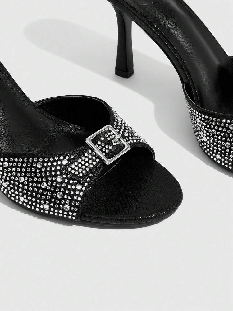 CUCCOO SZL Round Toe High Heeled Black Satin Faux Pearl Decor Ankle Strap Women's High Heel Sandals Spring Shoes Spring Break Easter Prom Heels