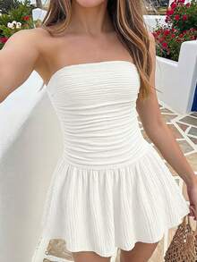 SHEIN Teen Girls Summer New White Knit Textured Waist Ruched A-Line Vacation Casual Street Style Short Tube Mini Dress - White - View 3