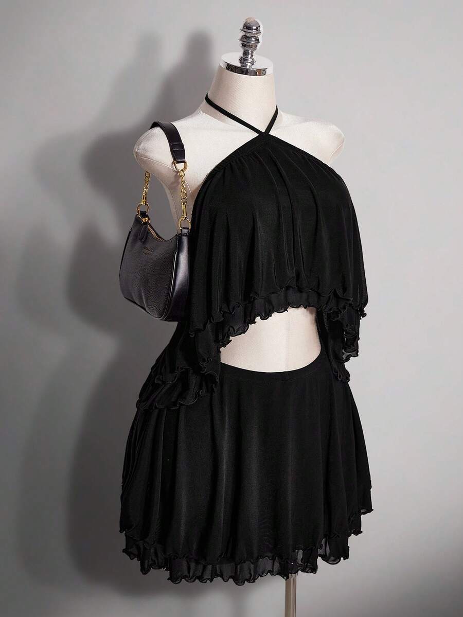 SHEIN ICON Women's Plus Size Summer Retro Sexy Millennial Style Y2K Fashion Casual Modern Urban Bold Avant-Garde Ball Party Black Ruffle Hollow Neck Mesh Dress - Black - View 1