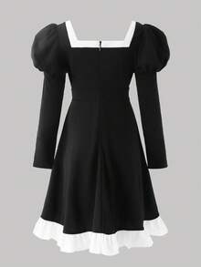 SHEIN Tween Girl Elegant Black And White Contrast Ruffle Square Neck Lantern Puffy Long Sleeve A-Line Dress - Black - View 3