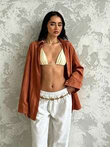 Glamine 女士纯色单排扣休闲百搭日常长袖衬衫 - 橘色 - 查看 3