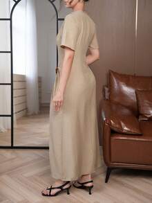 Modelyn 女款夏季優雅金屬飾長洋裝 - 卡其色 - 查看 4