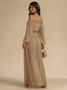 Two Set: Long Sleeve Crop Top With Long Sleeve With Semitransparent Side Opening For Women - Beige - View 2