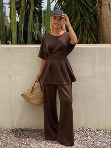 Livesso Summer Loose Business Casual Vacation Office Travel Wear Cinched Waist Pleated Pullover Shirt Straight Leg Long Pants Women's 2 Pieces Set Dark Brown - Brown - View 8