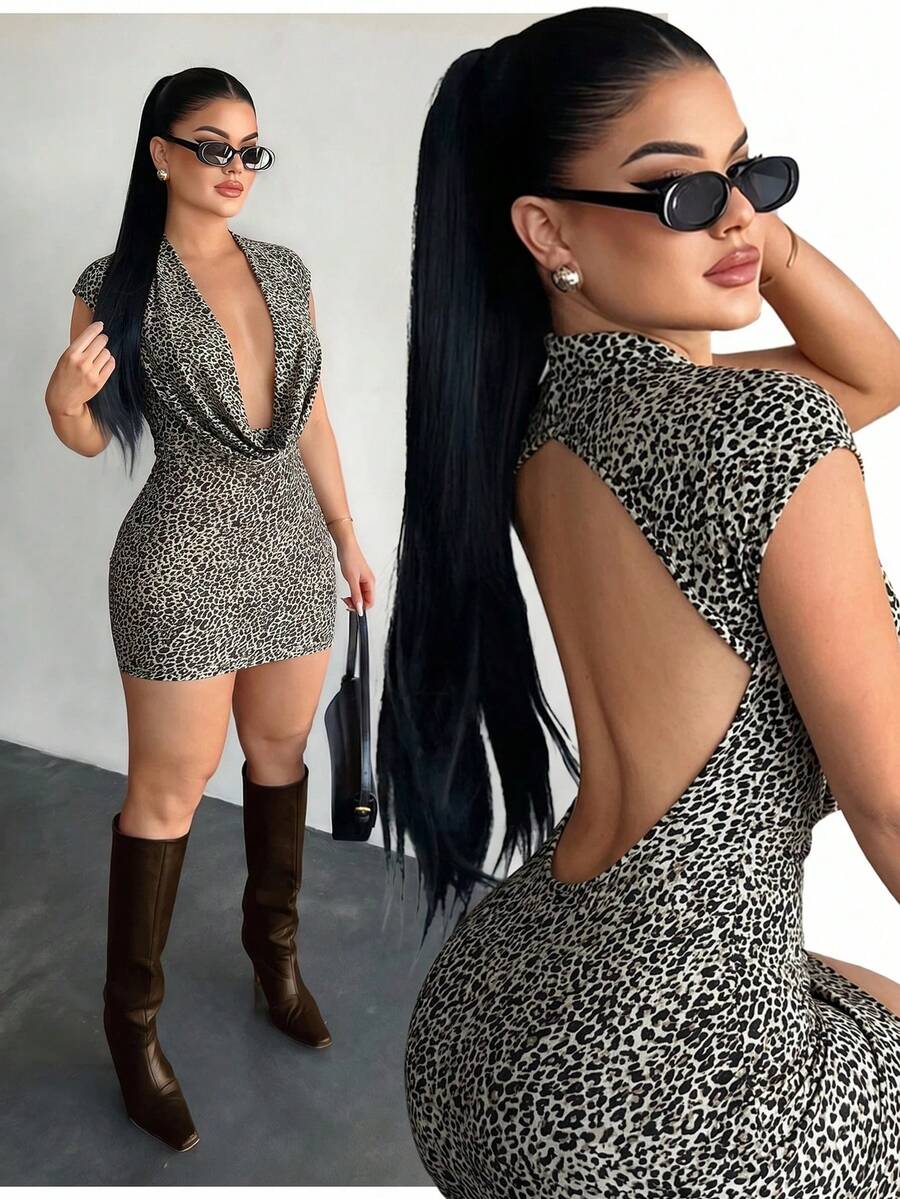 SHEIN SXY 多色性感豹紋優雅露背洋裝 - 彩色 - 查看 1
