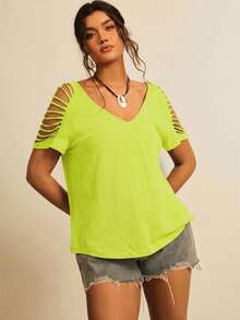 Freevana Women's Plus Size Summer Casual Solid Color Hollow Out Short Sleeve T-Shirt Vacation Neon Green - Green - View 4