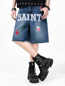 ROMWE MEN Men's Printed Denim Shorts, Suitable For Spring And Summer - Blue - View 6