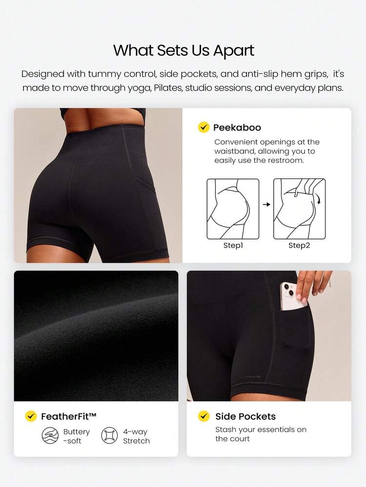 4.3" FeatherFit™ GlowTwist Tummy Control Bodysuit With Adjustable Straps Side Pockets Anti-Slip Grips Removable Cups Yoga Studio Pilates Daily Wear