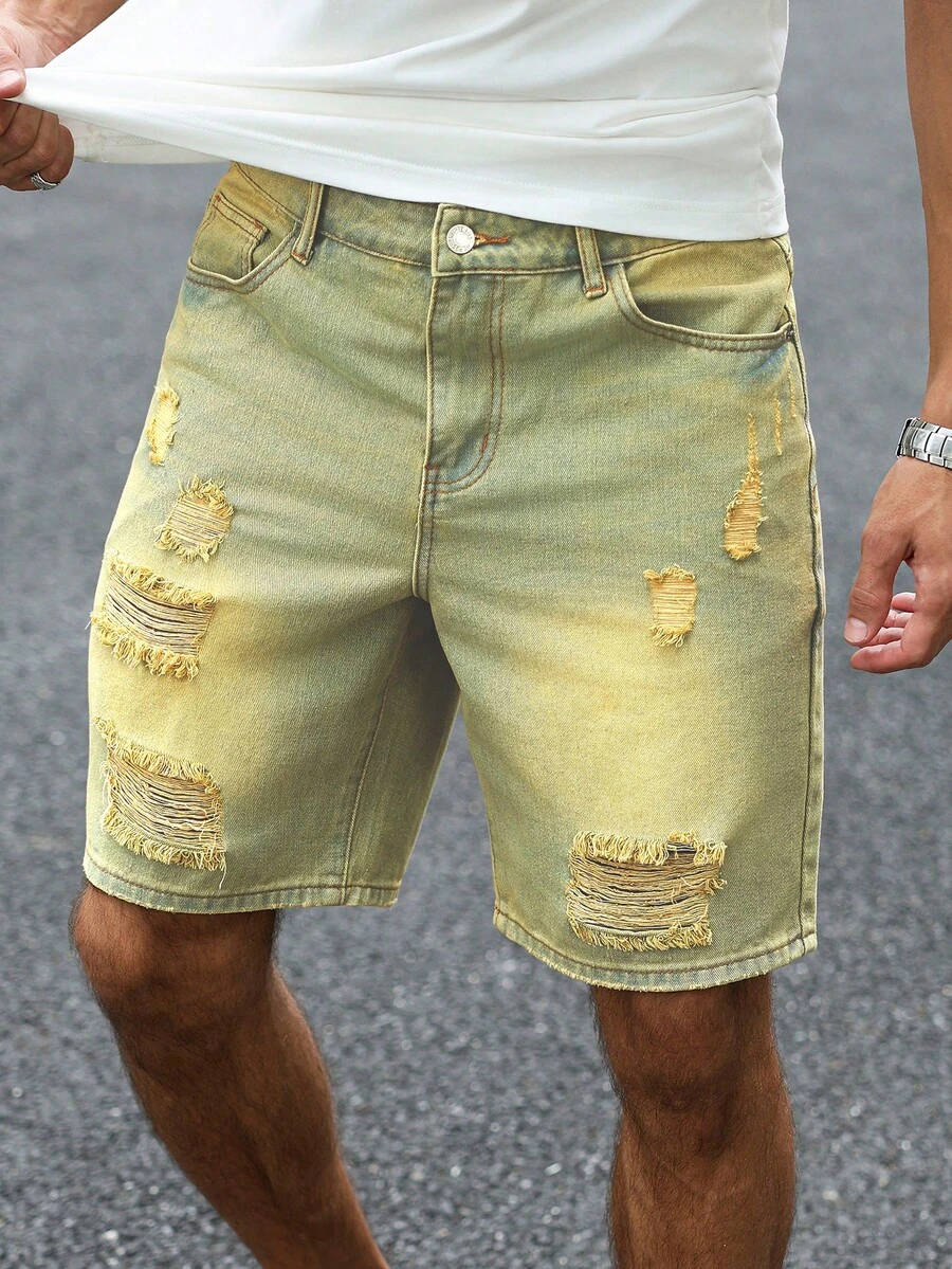 Manfinity Homme Plus Size Men's Slant Pocket American Distressed Denim Shorts - Blue - View 1